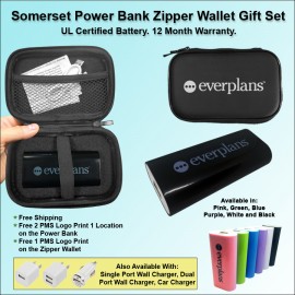 Somerset Power Bank Zipper Wallet Gift Set 4400 mAh - Black with Logo