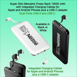 Logo Branded Super Slim Memphis Power Bank- 10000 mAh - with integrated Charging Cables