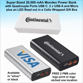 Logo Branded Super Sized 20,000 mAh Mondeo Power Bank 4 Ports, C & A, LED screen Printed Gift Box