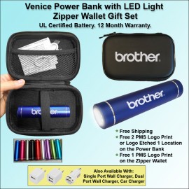 Venice with LED Power Bank Gift Set Zipper Wallet 2200 mAh with Logo