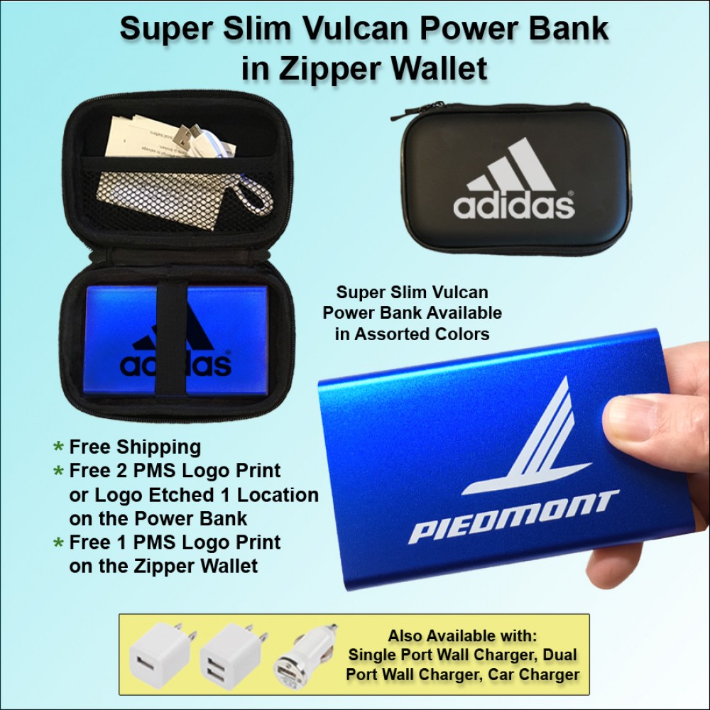 Super Slim Vulcan Power Bank Zipper Wallet Gift Set 4000 mAh - Dark Blue with Logo