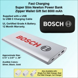 Customized Fast Charging Super Slim Newton Power Bank USB C Gift Set 8000 mAh - Silver