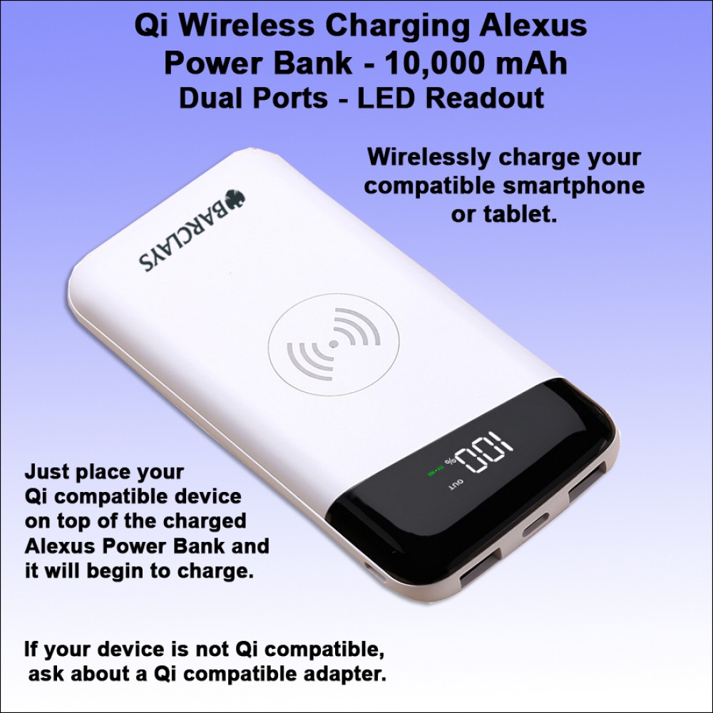 Personalized Qi Wireless Charging Alexus Power Bank 10000 mAh - White