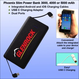  Phoenix Power Bank 3000 mAh Dual Ports. Integrated Cables. Black.