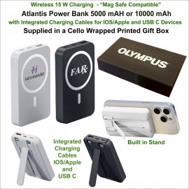 Atlantis Power Bank Integrated Charging Cables 10000 mAh "Mag Safe" In a Cello Wrapped Gift Box with Logo