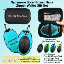 Sycamore Solar Power Bank Zipper Wallet Gift Set 5000 mAh - Blue with Logo