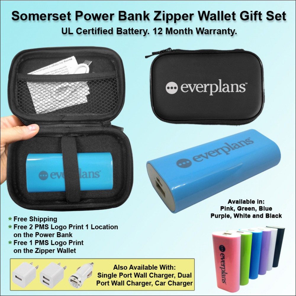Personalized Somerset Power Bank Zipper Wallet Gift Set 5600 mAh - Blue