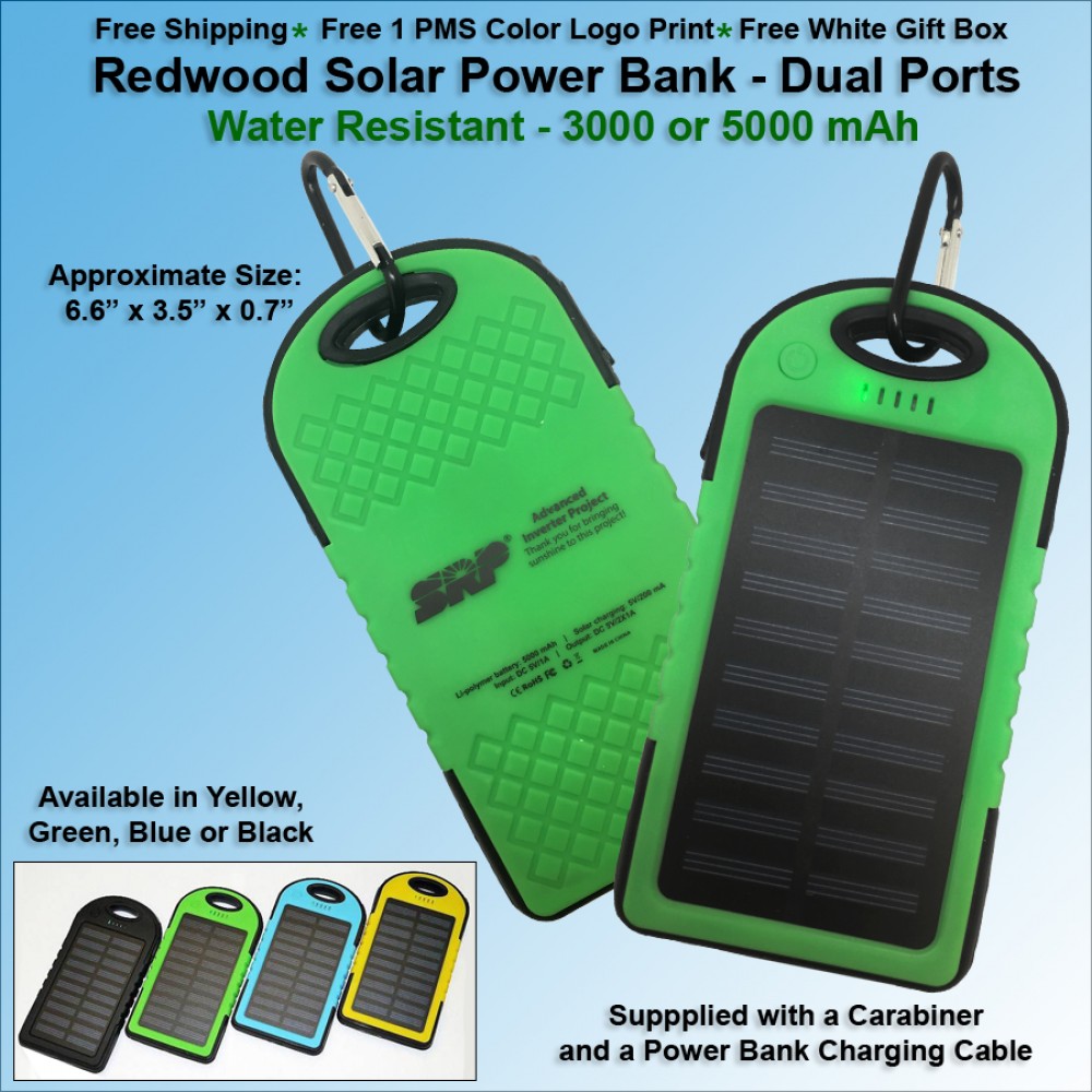 Redwood Solar Power Bank 3000 mAh - Green with Logo