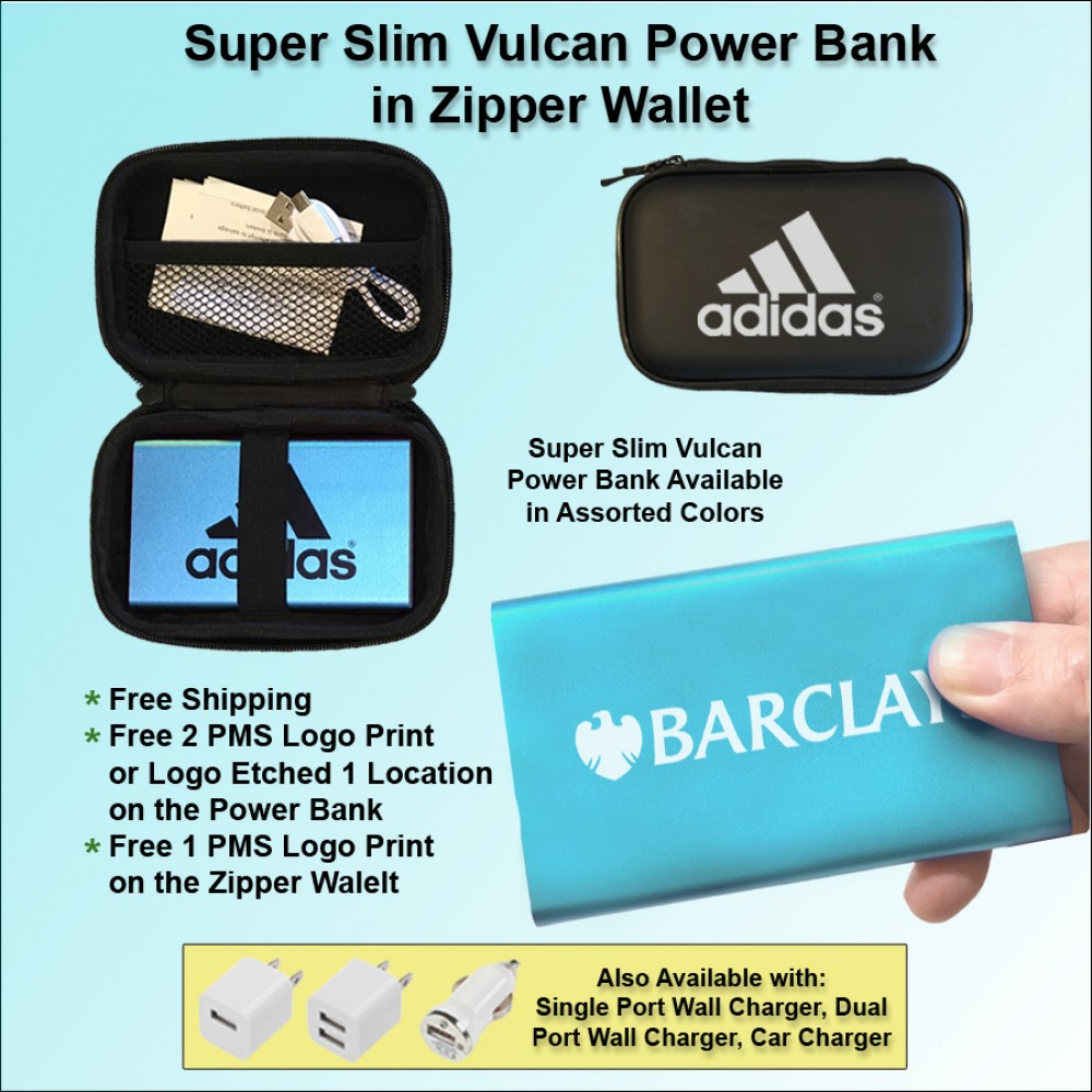 Super Slim Vulcan Power Bank Zipper Wallet Gift Set 4000 mAh - Light Blue with Logo