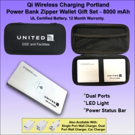Personalized Qi Wireless Charging Portland Power Bank Zipper Wallet Gift Set 8000 mAh - White