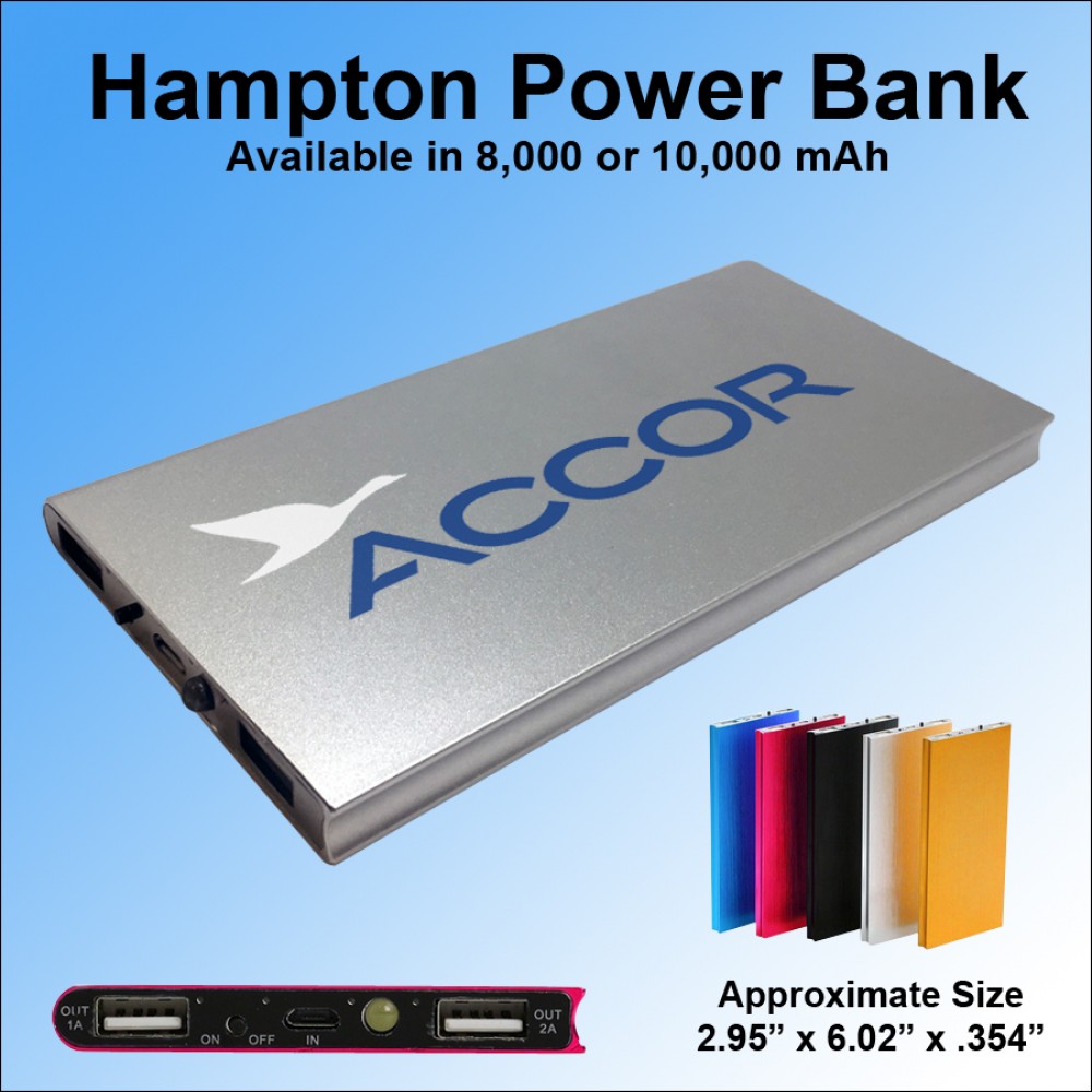 Hampton Power Bank with LED Light 10000 mAh - Silver with Logo