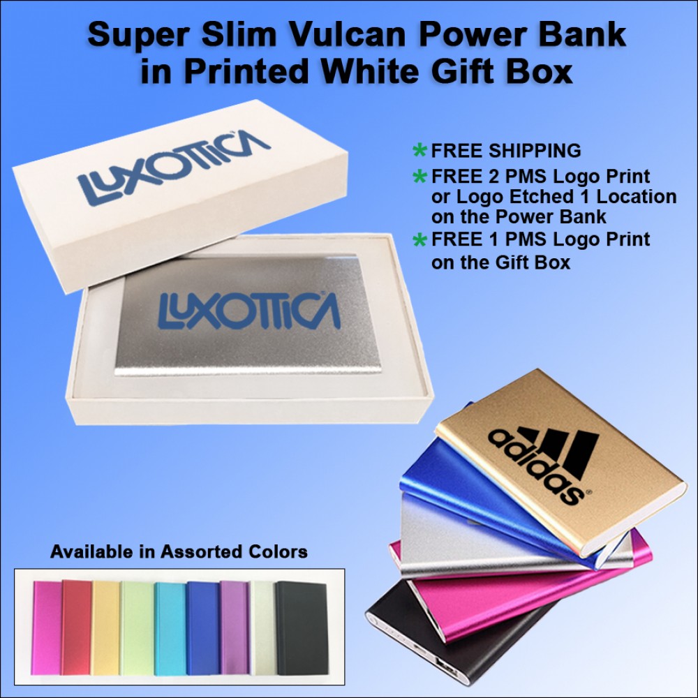 Super Slim Vulcan Power Bank in Printed White Gift Box 4000 mAh with Logo Super Slim Vulcan Power Bank in Printed White Gift Box 4000 mAh with Logo