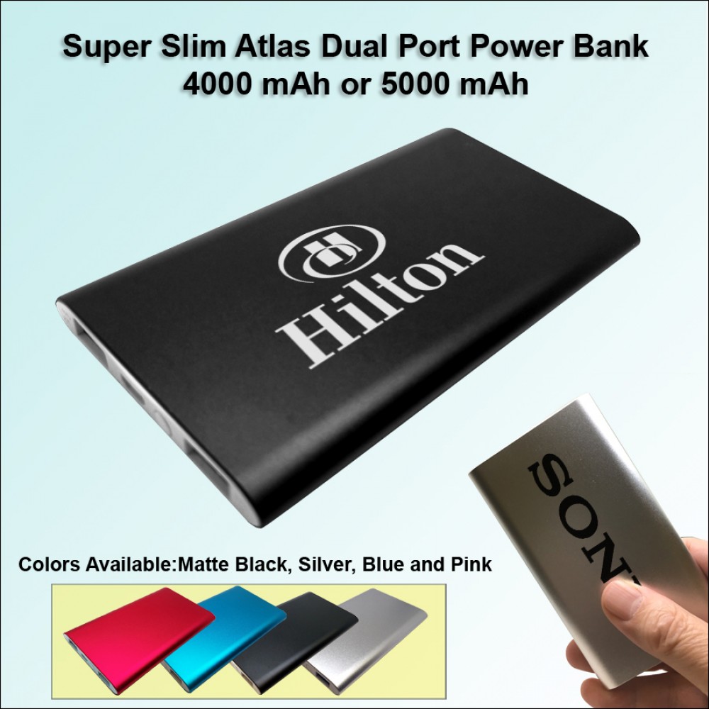 Super Slim Atlas Power Bank Dual Ports - 5000 mAh - Black with Logo