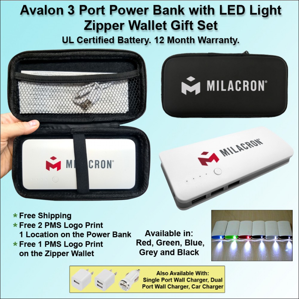 Avalon 3 Port Power Bank with LED Light 10000 mAh - Grey with Logo