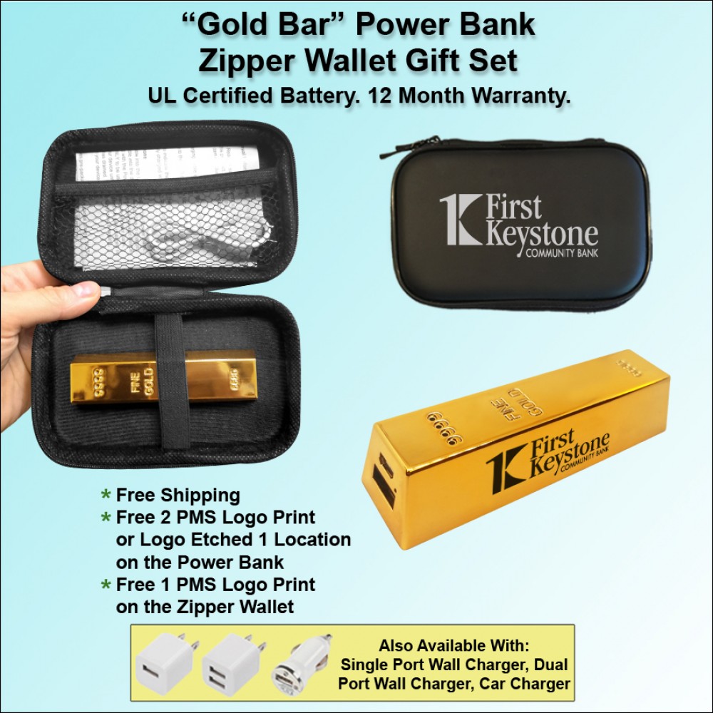 "Gold Bar" Power Bank Zipper Wallet Gift Set 1800 mAh with Logo