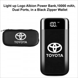 Customized Albion Light Up Logo Power Bank, 10000 mAh, Dual Ports in a black zipper wallet