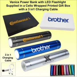 Venice 2000mAh Power Bank w/LED Flashlight w/3-in-1 Charging Cable with Logo
