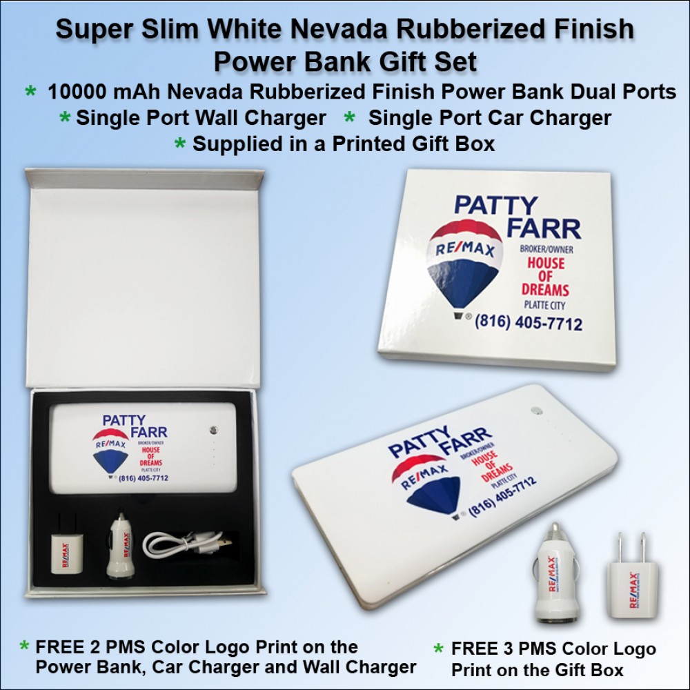 Super Slim Nevada Rubberized Finish Power Bank Gift Set - 10000 mAh - White with Logo