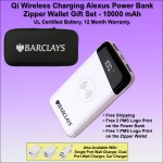 Qi Wireless Charging Alexus Power Bank Zipper Wallet Gift Set 10000 mAh - White with Logo