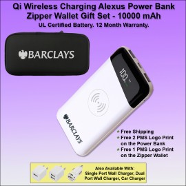 Logo Branded Qi Wireless Charging Alexus Power Bank Zipper Wallet Gift Set 10000 mAh - White