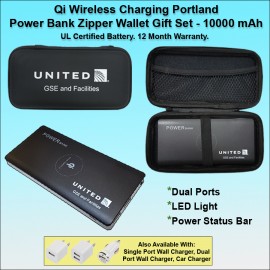 Customized Qi Wireless Charging Portland Power Bank Zipper Wallet Gift Set 10000 mAh - Black