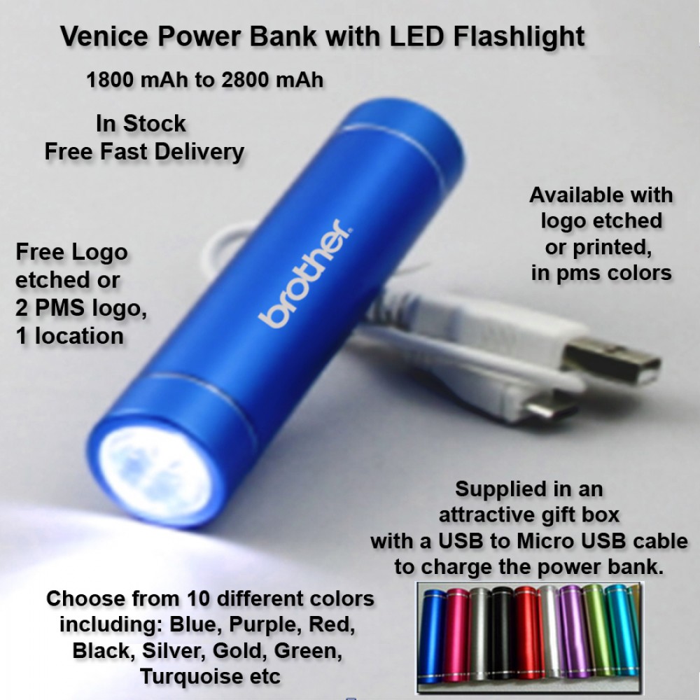 Personalized Venice Power Bank with LED Light - 2800 mAh