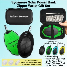 Logo Branded Sycamore Solar Power Bank Zipper Wallet Gift Set 5000 mAh