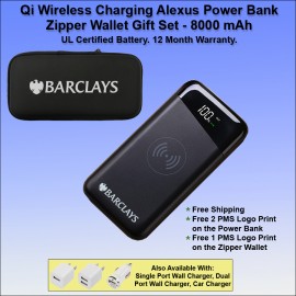 Customized Qi Wireless Charging Alexus Power Bank Zipper Wallet Gift Set 8000 mAh - Black