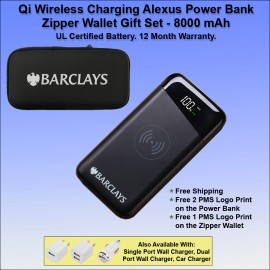 Qi Wireless Charging Alexus Power Bank Zipper Wallet Gift Set 8000 mAh - Black with Logo