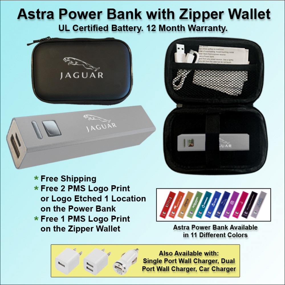 Astra Power Bank Gift Set in Zipper Wallet 3000 mAh - Silver with Logo Astra Power Bank Gift Set in Zipper Wallet 3000 mAh - Silver with Logo