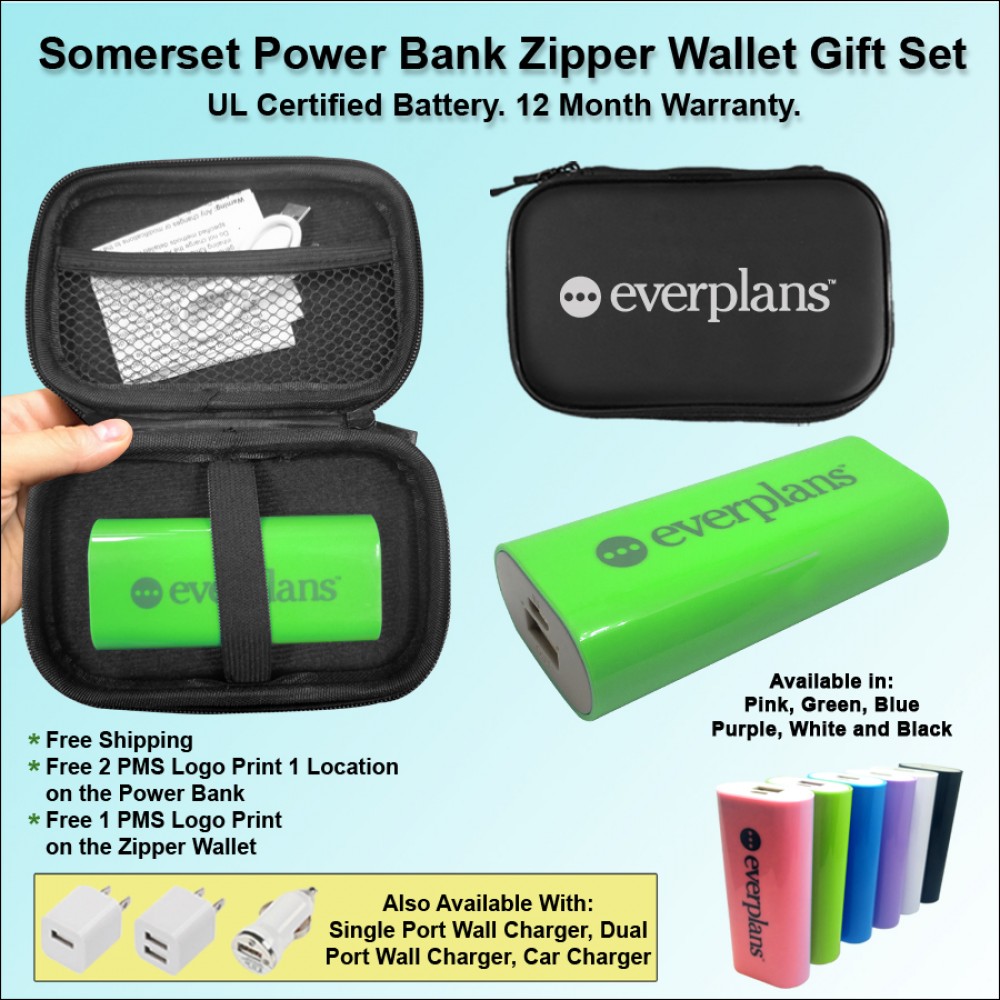 Custom Somerset Power Bank Zipper Wallet Gift Set 5600 mAh - Green