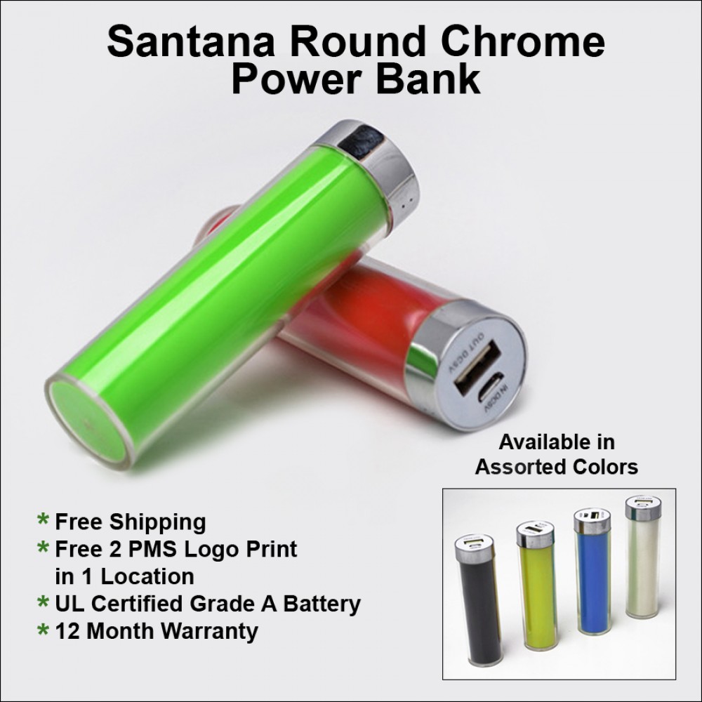 Santana Round Chrome Power Bank - 2000 mAh with Logo