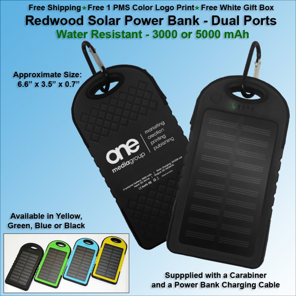 Redwood Solar Power Bank 3000 mAh - Black with Logo