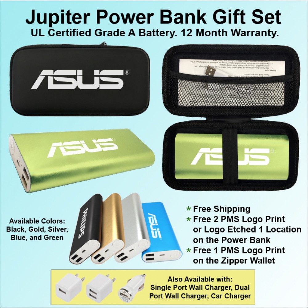 Personalized Jupiter Power Bank in Zipper Wallet 12,000 mAh - Green