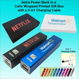 Logo Branded Astra 3000mAh Power Bank w/Button w/3-in-1 Charging Cable