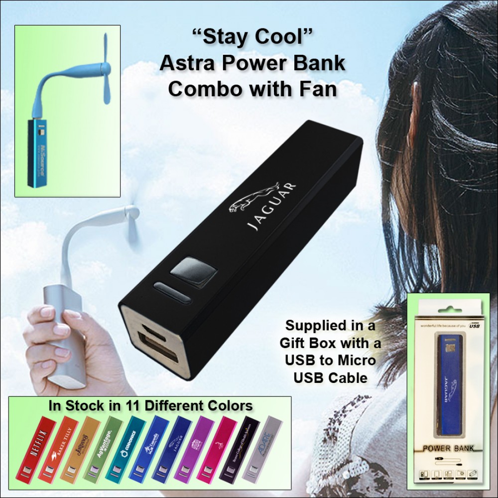 Customized Black 2600 mAh Astra Power Bank Combo w/Fan