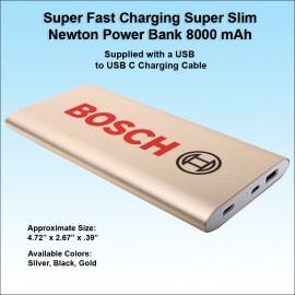Logo Branded Fast Charging Super Slim Newton Power Bank USB C 8000 mAh - Gold