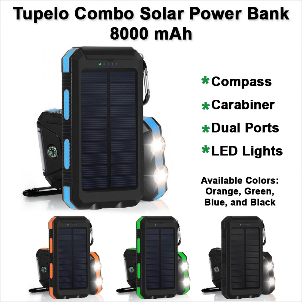 Tupelo Combo Solar Power Bank 8000 mAh - Blue with Logo