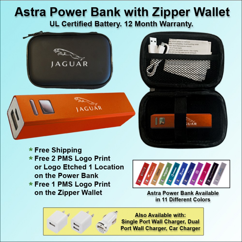 Astra Power Bank Gift Set in Zipper Wallet 2800 mAh - Orange with Logo