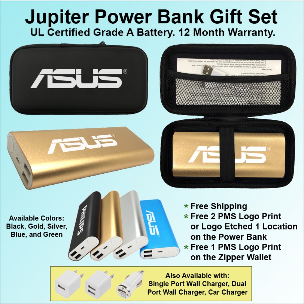 Jupiter Power Bank in Zipper Wallet 14,000 mAh - Gold with Logo