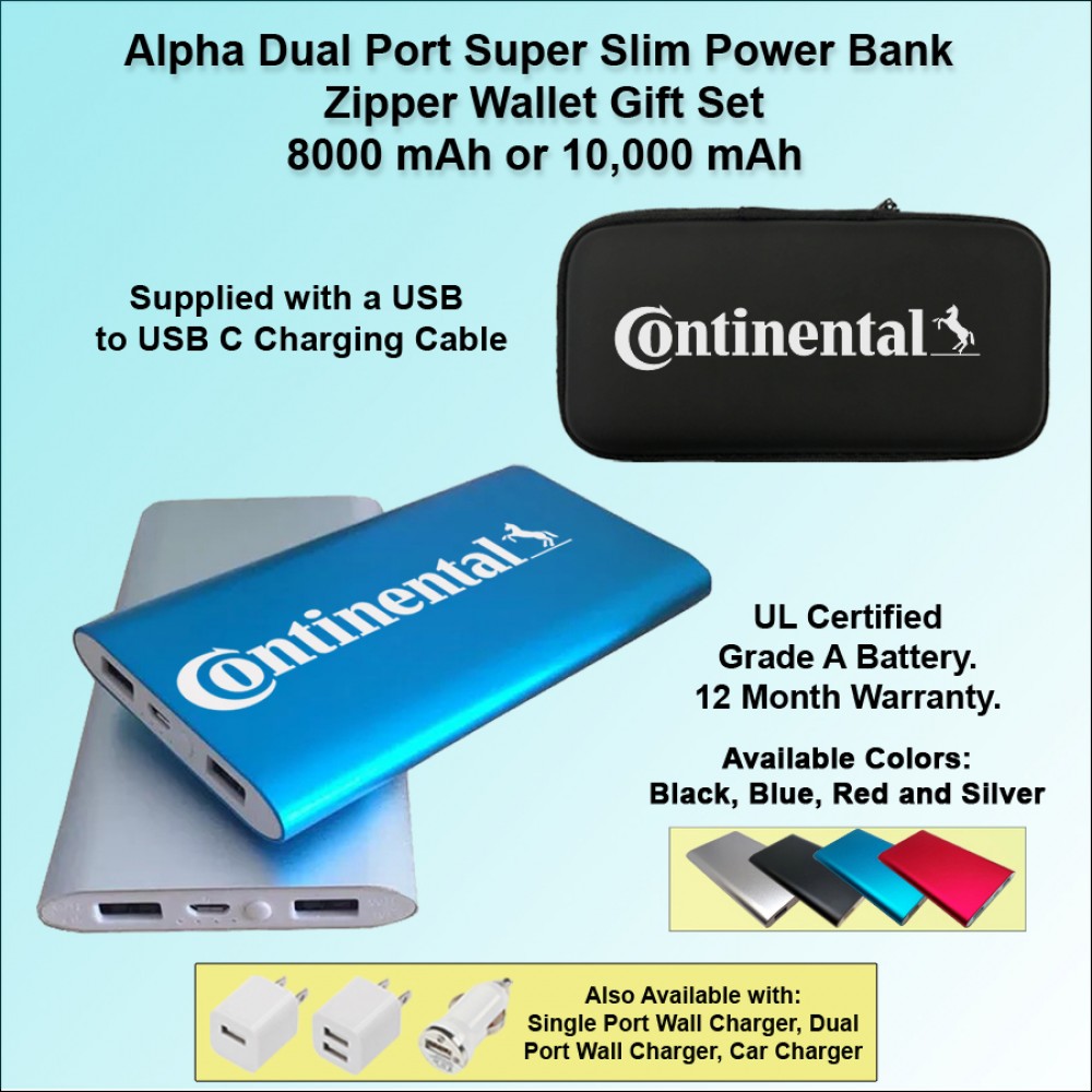 Personalized Alpha Dual Port Super Slim Power Bank Power Bank Zipper Wallet Gift Set 8000 mAh