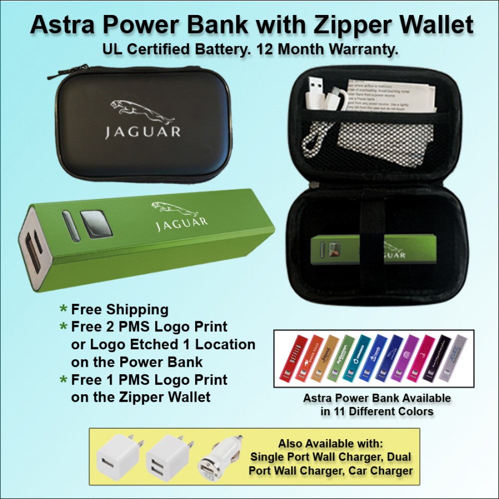 Logo Branded Astra Power Bank Gift Set in Zipper Wallet 2000 mAh - Green No Extra Tariff