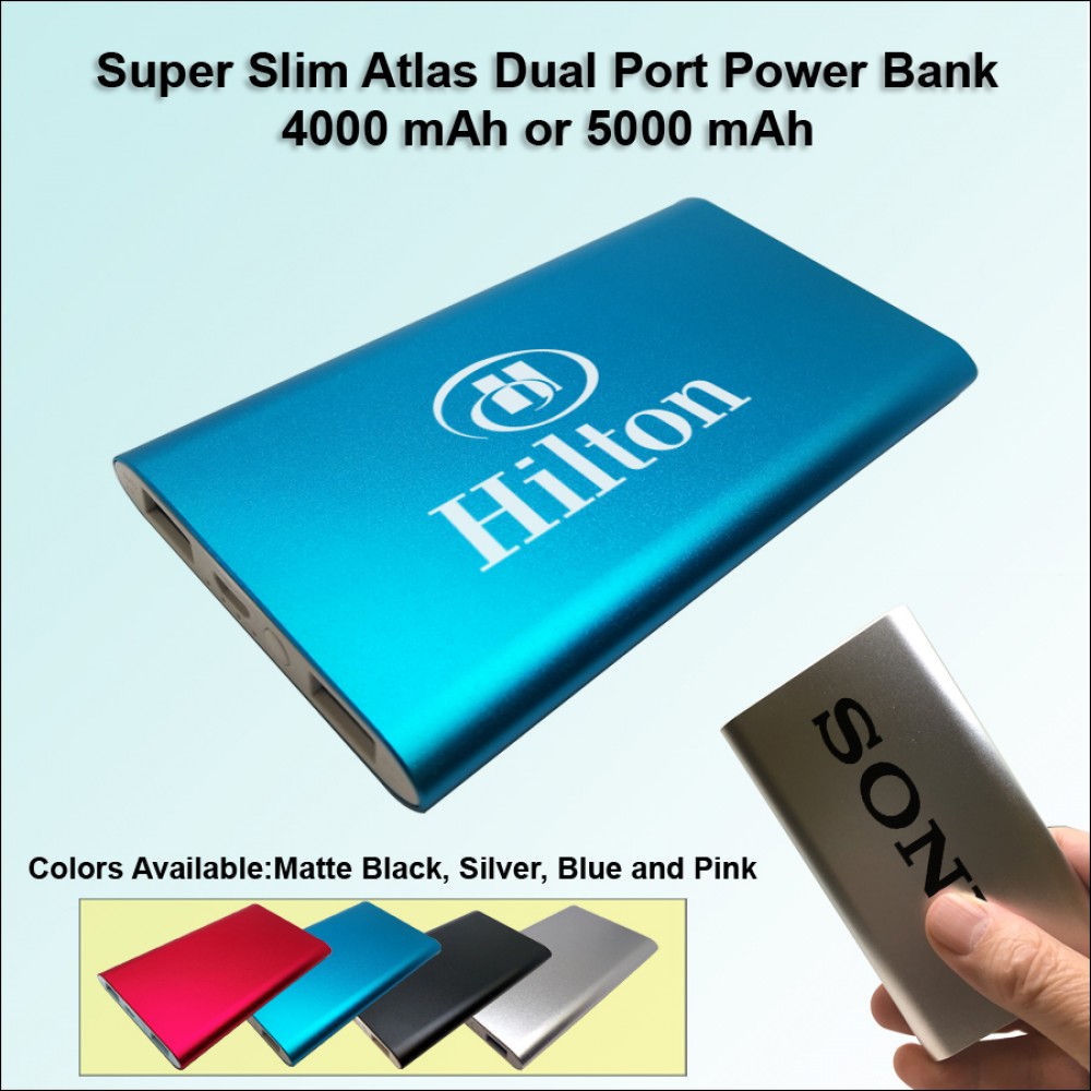 Super Slim Atlas Power Bank Dual Ports - 4000 mAh - Blue with Logo