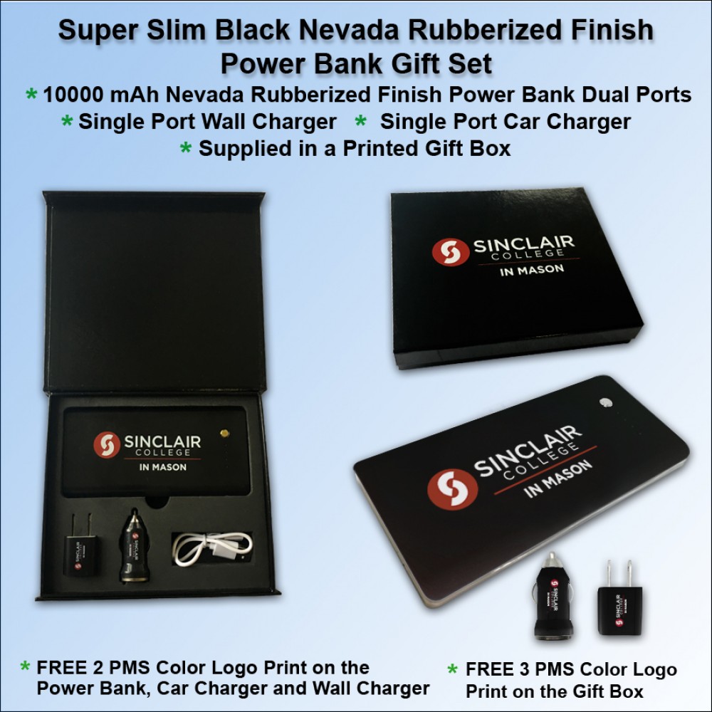 Custom Super Slim Nevada Rubberized Finish Power Bank Gift Set - 10000 mAh - Black