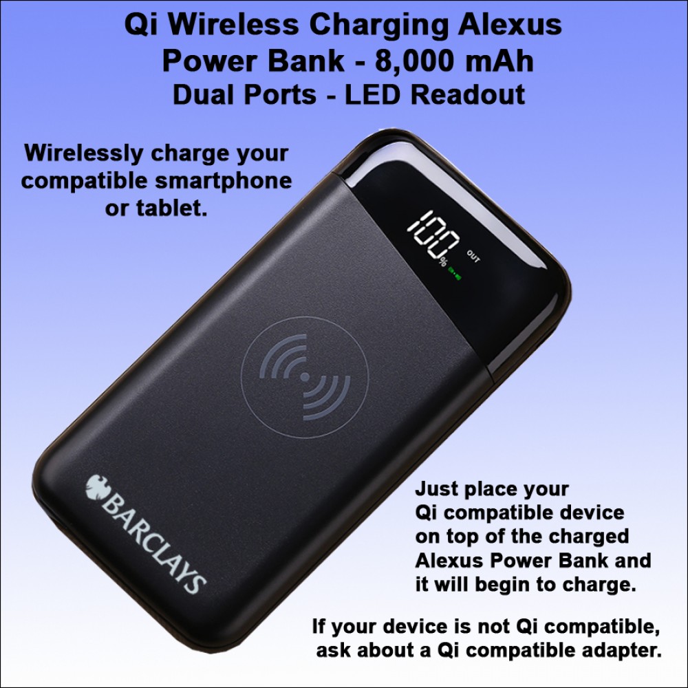 Logo Branded Qi Wireless Charging Alexus Power Bank 8000 mAh - Black
