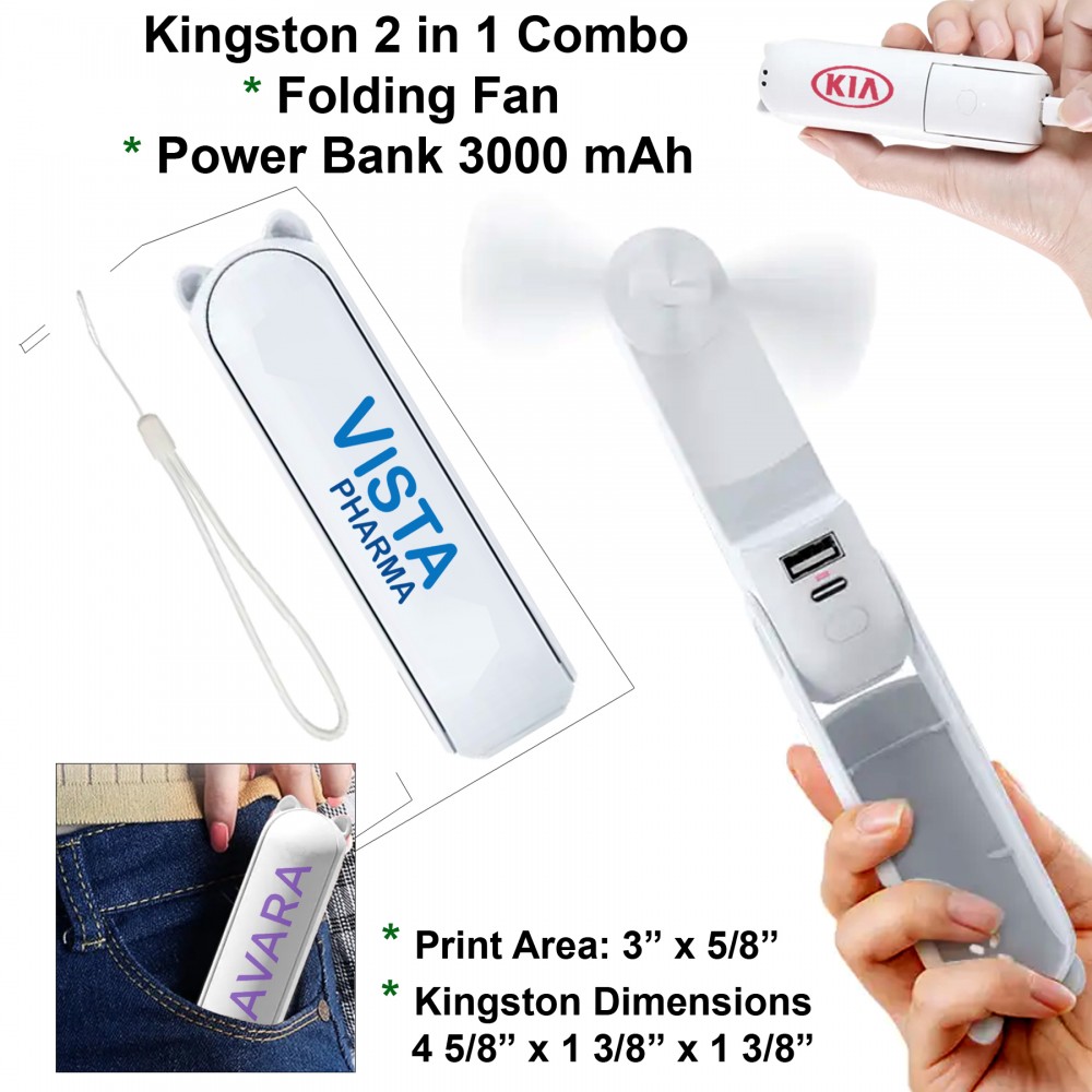 Kingston Folding Power Bank & Multi Speed Fan Combo 3000 mAh with Logo