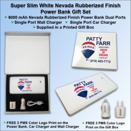 Logo Branded Super Slim Nevada Rubberized Finish Power Bank Gift Set - 6000 mAh - White