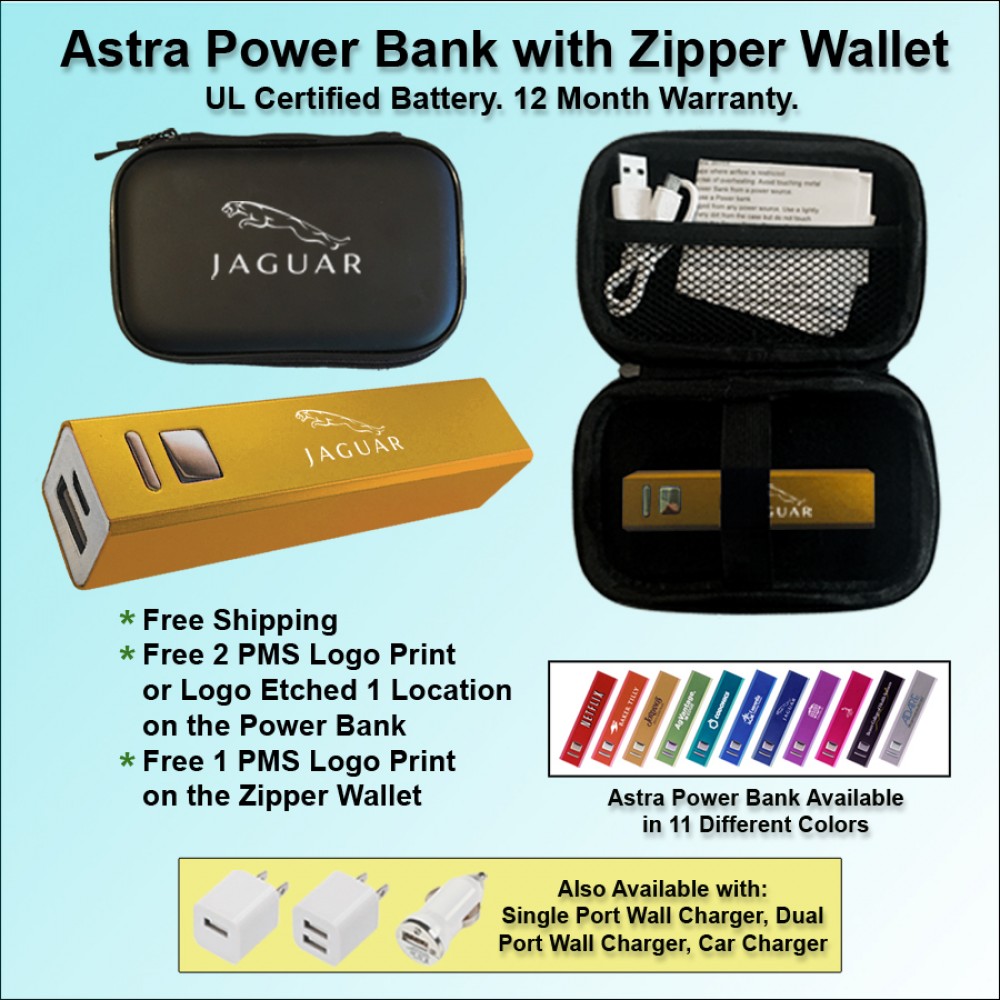 Astra Power Bank Gift Set in Zipper Wallet 2800 mAh - Gold with Logo