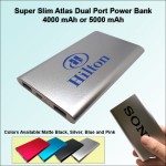 Super Slim Atlas Power Bank Dual Ports - 4000 mAh - Silver with Logo