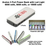 Avalon 3 Port Power Bank with LED Light - 10,000 mAh with Logo